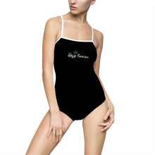 Load image into Gallery viewer, cannabis marijuana green leaf womens one piece swimsuit chicago hoodies black swimsuit white elastic strap