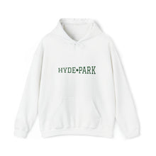 Load image into Gallery viewer, white chicago hyde park hoodie university museum parks lake michigan chicago hoodies unisex chicago neighborhood green graphic green letters