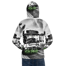 Load image into Gallery viewer, back view of chicago all over print not for tourists hoodie graphic hoodie bus public transit chicago is chicago hoodies wearable art my kind of town authentic chicago