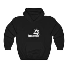 Load image into Gallery viewer, chicago bronzeville hoodie chicago hoodies unisex chicago neighborhood historic bronzeville chicago black renaissance legacy collection black hoodie white letters
