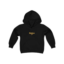 Load image into Gallery viewer, chicago chatham neighborhood kids hoodie south side community simeon high school chicago hoodies chicago culture chicago streetwear kids clothing gold lettering graphic hoodie black
