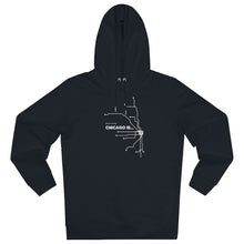 Load image into Gallery viewer, organic black chicago hoodie white design  chicago hoodies brand chicago hoodies signature streetwear collection not for tourists chicago is my kind of town on the map best city ever chicago fashion celebrate chicago black hoodie