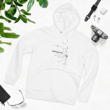 Load image into Gallery viewer, organic white hoodie chicago hoodies chicago map chicago hoodies signature streetwear collection not for tourists chicago is my kind of town on the map best city ever chicago fashion celebrate chicago