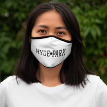Load image into Gallery viewer, woman wearing chicago hyde park fitted face mask university museum parks lake michigan chicago hoodies chicago neighborhood streetwear white mask black letters front view female model unisex