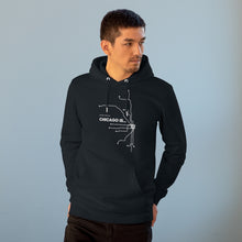 Load image into Gallery viewer, black white chicago city map chicago hoodies chicago hoodies signature streetwear collection not for tourists chicago is my kind of town on the map best city ever chicago fashion celebrate chicago male model
