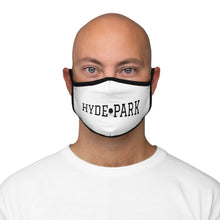 Load image into Gallery viewer, man wearing chicago hyde park fitted face mask university museum parks lake michigan chicago hoodies chicago neighborhood streetwear white mask black letters male model