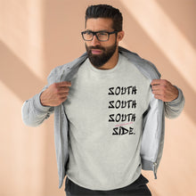 Load image into Gallery viewer, man with dark hair glasses jacket southside chi sweatshirt south side chicago chi city classic sweatshirt fancy lettering activewear