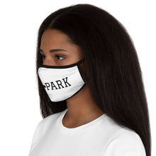 Load image into Gallery viewer, woman wearing chicago hyde park fitted face mask university museum parks lake michigan chicago hoodies chicago neighborhood streetwear white mask black letters female model side view unisex