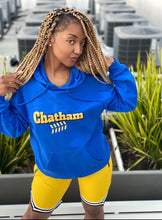 Load image into Gallery viewer, woman wearing royal blue chicago chatham neighborhood hoodie south side community simeon high school chicago hoodies chicago culture
