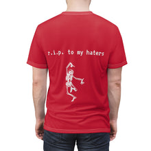 Load image into Gallery viewer, back view slept on by my haters red tee self worth underappreciated later haters on my grind rip haters getting the bag chicago t-shirt haterade