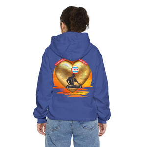 house music, chicago, chosen few djs, chicago dj, house music culture, streetwear, chicago culture, chicago fashion, chicago house music, fashion hoodie, frankie knuckles, jesse saunders, marshall jefferson, Farley jackmaster keith, ron hardy, steve silk hurley, chicago hoodies, blue hoodie, female model, back of hoodie