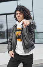 Load image into Gallery viewer, house music, chicago, chosen few djs, chicago dj, house music culture, streetwear, chicago culture, chicago fashion, chicago house music, fashion hoodie, frankie knuckles, jesse saunders, marshall jefferson, Farley jackmaster keith, ron hardy, steve silk hurley, chicago hoodies, male model, curly hair, fit check, leather jacket
