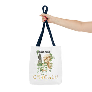 lincoln park chicago chicago hoodies chicago north side graphic hoodie unisex chicago neighborhood navy blue handle woman holding tote bag