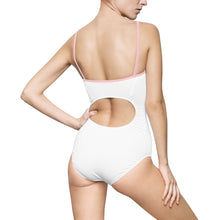 Load image into Gallery viewer, back view cannabis marijuana pink leaf womens one piece swimsuit chicago hoodies white swimsuit pink elastic strap
