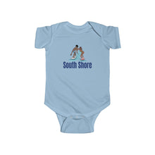 Load image into Gallery viewer, south shore chicago neighborhood south side chicago chicago fashion streetwear rainbow beach chicago hoodies historic black community black artists illustrator graphic baby onesie blue
