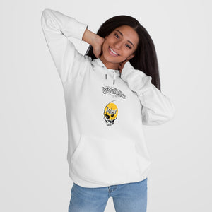 girl wearing white humble loyal gothic hoodie streetwear chicago hoodies skull