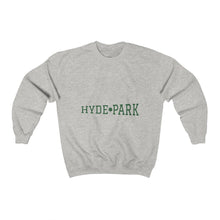Load image into Gallery viewer, gray chicago hyde park sweatshirt university museum parks lake michigan chicago hoodies unisex chicago neighborhood grey green lettering
