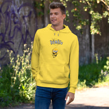 Load image into Gallery viewer, male model forest wearing yellow humble loyal gothic hoodie streetwear chicago hoodies skull
