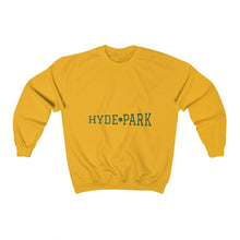 Load image into Gallery viewer, mustard yellow chicago hyde park sweatshirt university museum parks lake michigan chicago hoodies unisex chicago neighborhood green letters
