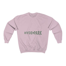 Load image into Gallery viewer, slate grey chicago hyde park sweatshirt university museum parks lake michigan chicago hoodies unisex chicago neighborhood green letters

