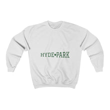 Load image into Gallery viewer, white chicago hyde park sweatshirt university museum parks lake michigan chicago hoodies unisex chicago neighborhood green lettering
