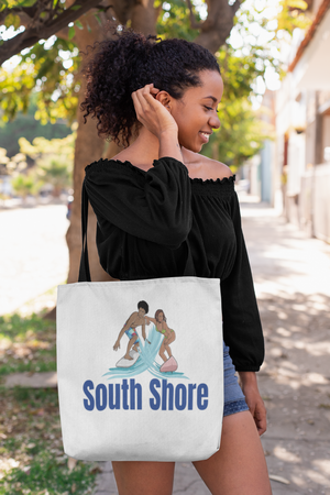 south shore chicago neighborhood south side chicago chicago fashion streetwear rainbow beach chicago hoodies historic black community black artists illustrator graphic tote bag female model
