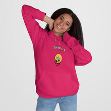 Load image into Gallery viewer, woman wearing bright pink humble loyal gothic hoodie streetwear chicago hoodies skull
