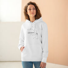 Load image into Gallery viewer, white black design chicago hoodies organic chicago hoodies signature streetwear collection not for tourists chicago is my kind of town on the map best city ever chicago fashion celebrate chicago female model
