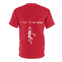 Load image into Gallery viewer, slept on by my haters red tee self worth underappreciated later haters on my grind rip haters getting the bag chicago t-shirt haterade back stitching detail view
