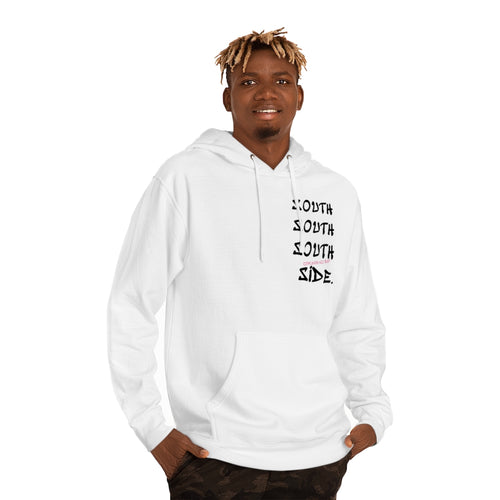 Man wearing Arctic White Unisex South Side Chicago Hoodie pink tagline